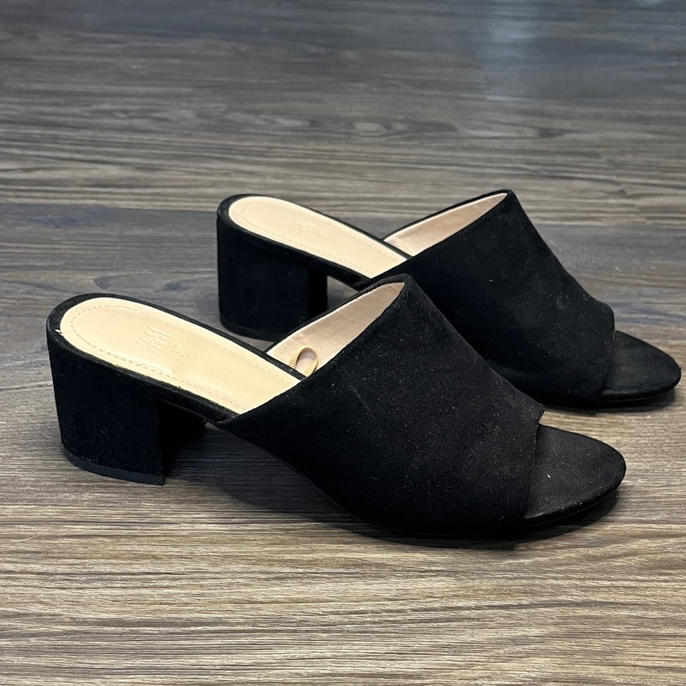 H&M Black Faux Suede Open-Toe Block Heel Mules